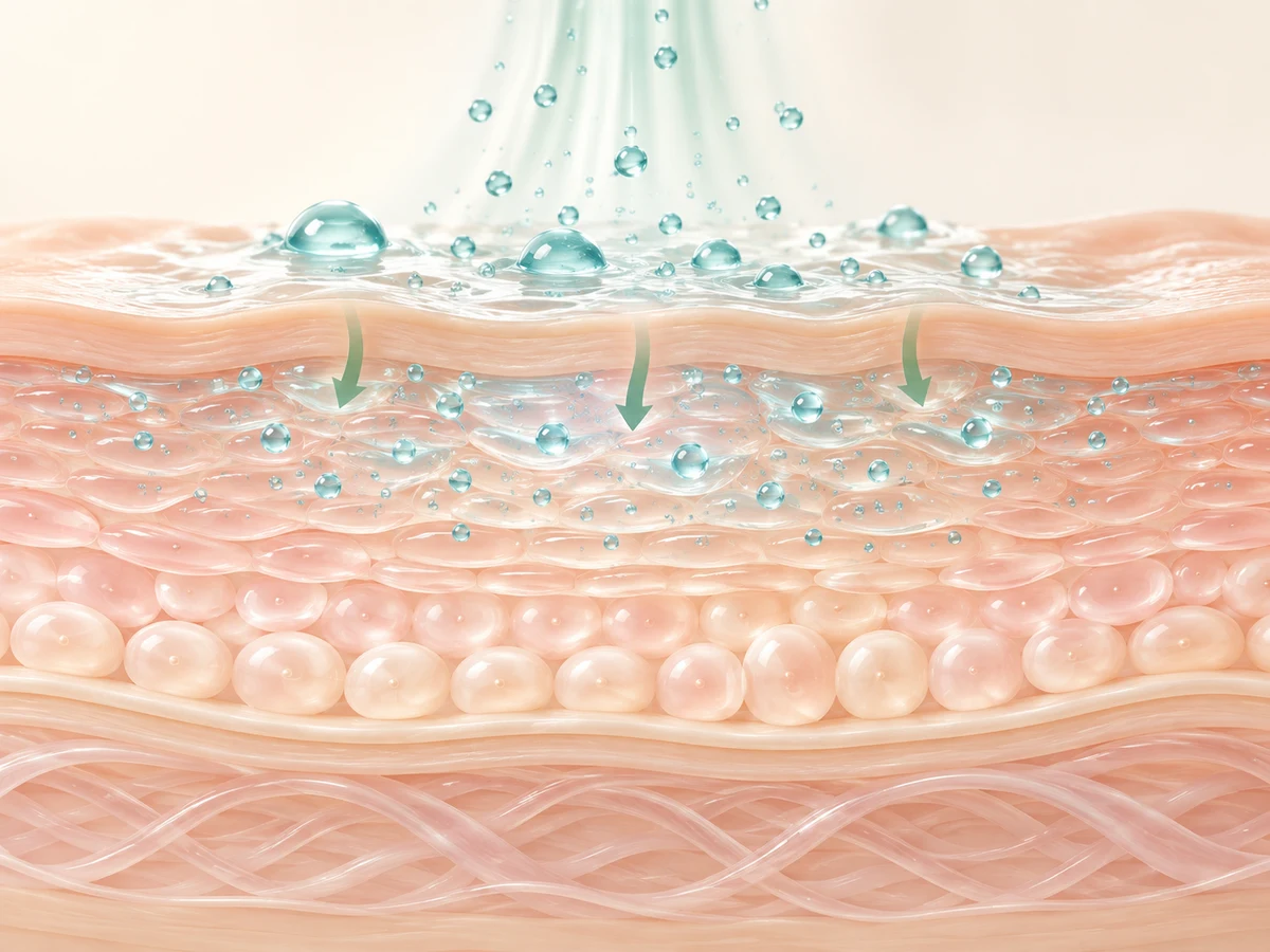 Skin cross-section illustration showing serum pushed into the upper layers