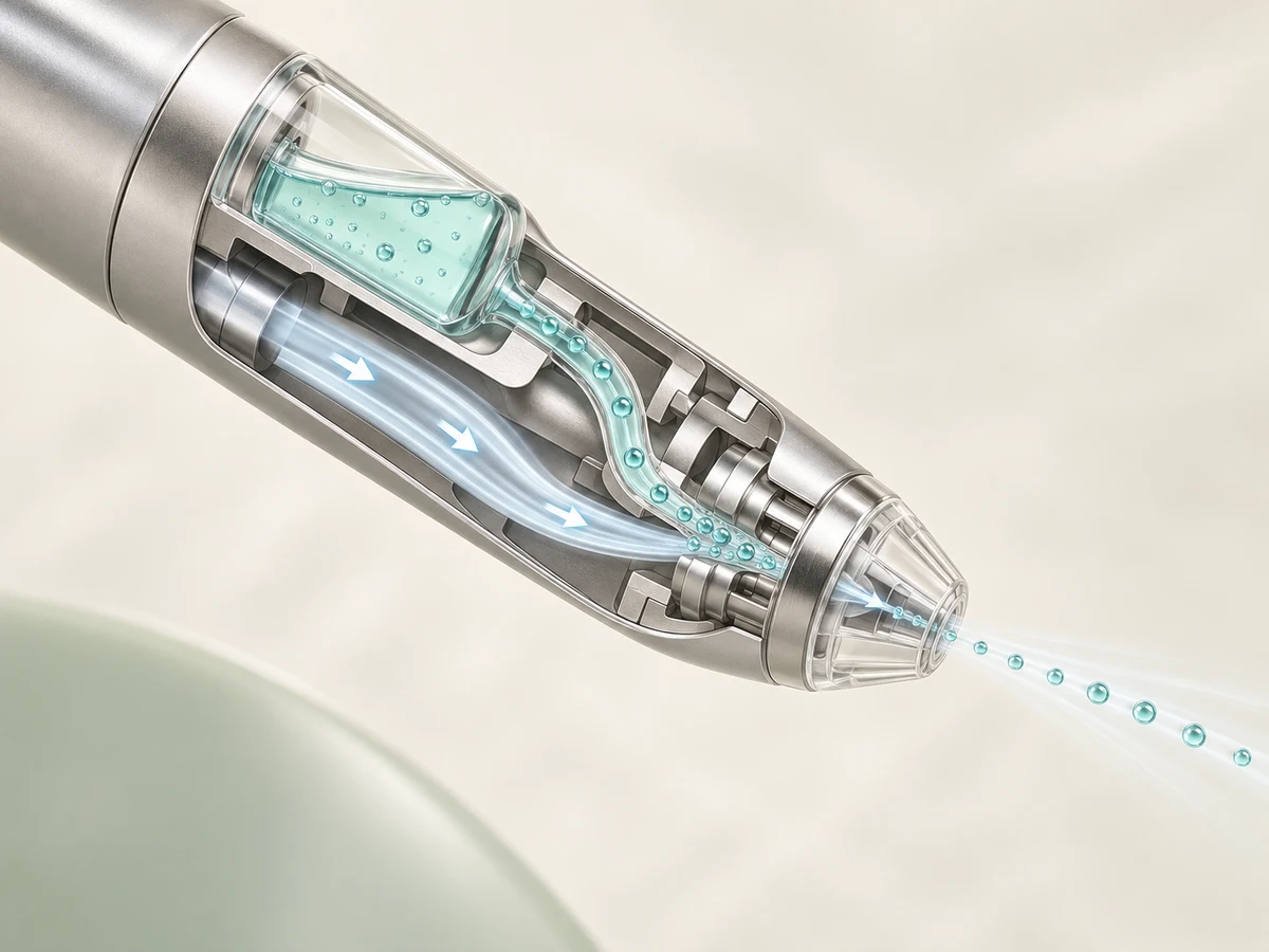 Cutaway illustration showing pressurized air combining with serum inside the AirJet handpiece