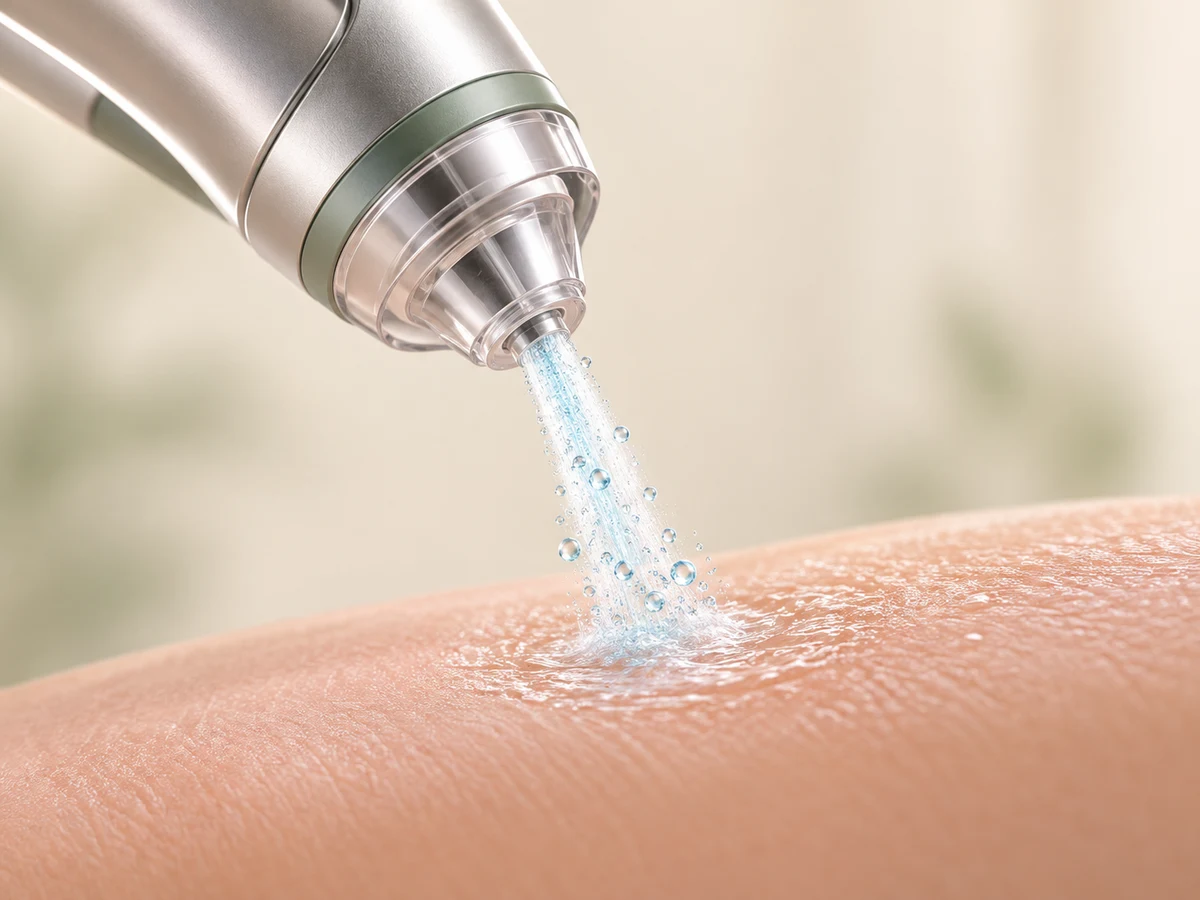 Illustration showing a focused high-pressure air stream carrying serum toward the skin